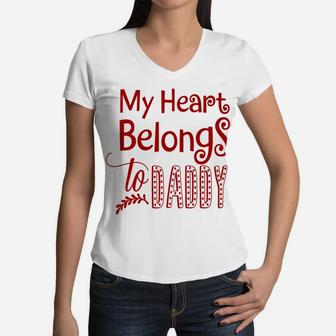 My Heart Belongs To Mommy Valentines Day Mom Kids Women V-Neck T-Shirt - Seseable