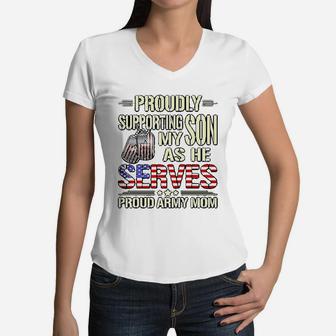 My Son As He Serves Military Proud Army Mom Gift Women V-Neck T-Shirt - Seseable