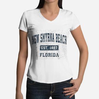 New Smyrna Beach Florida Fl Vintage Sports Design Navy Women V-Neck T-Shirt - Seseable