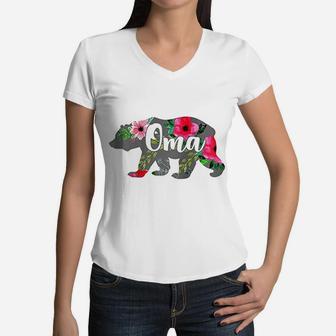 Oma Mama Bear Grandma Gift Floral Raglan Women V-Neck T-Shirt - Seseable
