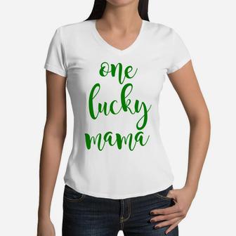 One Lucky Mama Cute Script St Patricks Day Moms Women V-Neck T-Shirt - Seseable