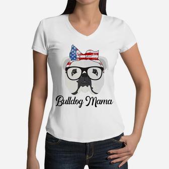 Patriotic English Bulldog Mama Women V-Neck T-Shirt - Seseable
