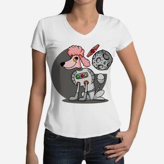 Pink Dog Astronaut Cute Cartoon Dog Galaxy Space Women V-Neck T-Shirt - Seseable