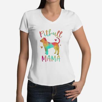 Pitbull Mama Colorful Pitbull Terrier Pittie Gifts Women V-Neck T-Shirt - Seseable