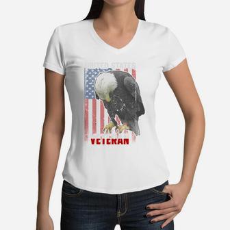 Proud United States Veteran American Flag Eagle Women V-Neck T-Shirt - Seseable