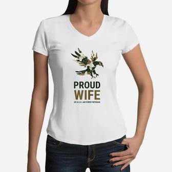 Proud Wife Of A Us Air Force Veteran Usaf Camo Eagle Women V-Neck T-Shirt - Seseable