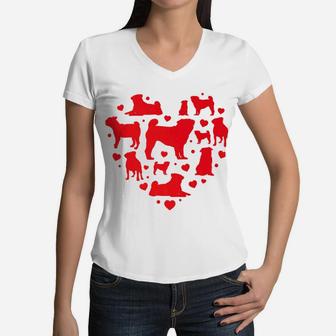 Pug Dog Valentines Day Hear Mom Pet Lover Gift Women V-Neck T-Shirt - Seseable