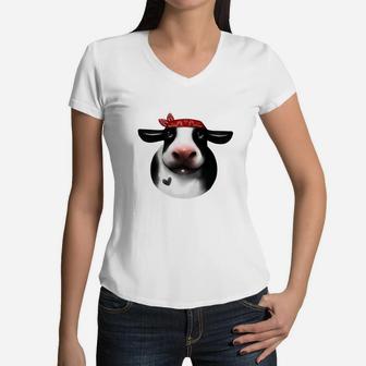 Realistic Cow With Red Bandanna Cow Mom Gift Funny Women V-Neck T-Shirt - Seseable