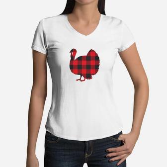 Red Buffalo Plaid Turkey Thanksgiving Matching Family Women V-Neck T-Shirt - Seseable