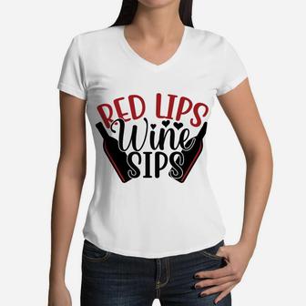 Red Lips Wine Sips Best Wine Lovers Gift Women V-Neck T-Shirt - Seseable
