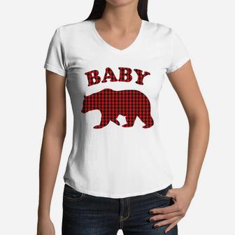 Red Plaid Baby Bear Buffalo Family Pajama Women V-Neck T-Shirt - Seseable