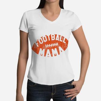 Retro Football Mama Orange Helmet Mom Gift Women V-Neck T-Shirt - Seseable