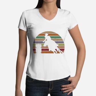 Retro Horse Barrel Racing Striped Sunset Vintage Women V-Neck T-Shirt - Seseable