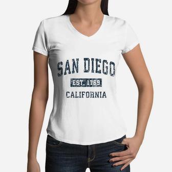 San Diego California Ca Vintage Sports Design Navy Print Women V-Neck T-Shirt - Seseable