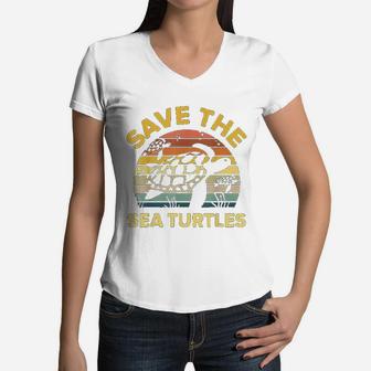 Save Sea Turtle Lover Vintage Skip A Straw Ocean Gift Women V-Neck T-Shirt - Seseable