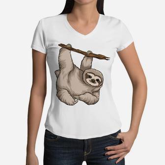 Sloth Cartoon Funny Pose Design For Sloth Lovers Women V-Neck T-Shirt - Seseable