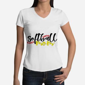 Softball Mom Letter Women V-Neck T-Shirt - Seseable