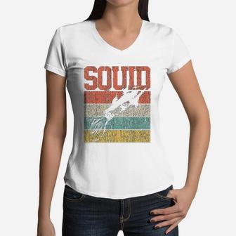 Squid Retro Vintage Marine Biologist Women V-Neck T-Shirt - Seseable