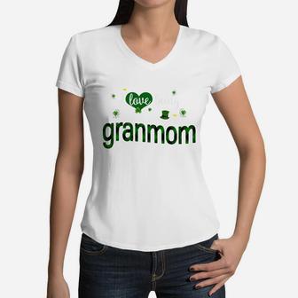 St Patricks Day Cute Shamrock I Love Being Granmom Heart Family Gifts Women V-Neck T-Shirt - Seseable