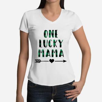St Patricks Day Irish Mom Gift One Lucky Mama Buffalo Plaid Women V-Neck T-Shirt - Seseable