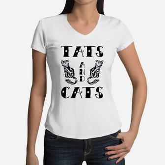 Tats Cats Cat Mom Kitty Tattoos Lover Owner Fan Gift Women V-Neck T-Shirt - Seseable