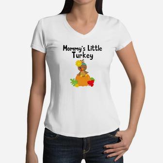 Thanksgiving Mommys Little Turkey Cute Fall Women V-Neck T-Shirt - Seseable