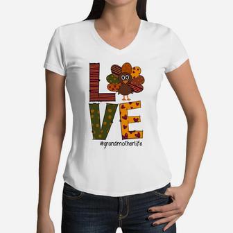 Turkey Thanksgiving Love Grandmother Life Women V-Neck T-Shirt - Seseable