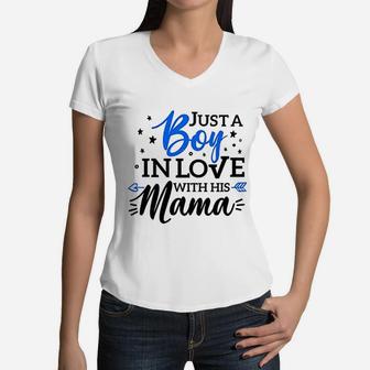 Ust A Boy In Love With His Mama Raglan Women V-Neck T-Shirt - Seseable