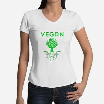 Vegan Tree Roots Green Vegetarian Love Mother Earth Organic Women V-Neck T-Shirt - Seseable