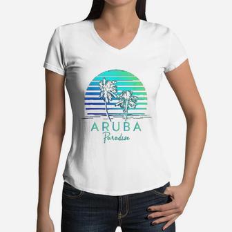 Vintage Aruba Beach Tropical Vibes Vacation Souvenir Gift Women V-Neck T-Shirt - Seseable