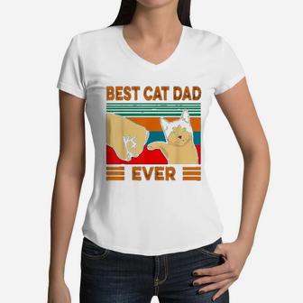 Vintage Best Cat Dad Ever Fun Women V-Neck T-Shirt - Seseable