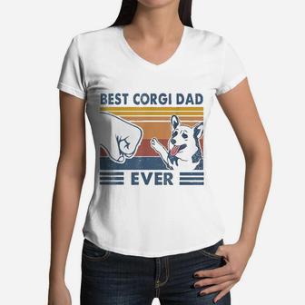 Vintage Best Corgi Dad Ever Women V-Neck T-Shirt - Seseable