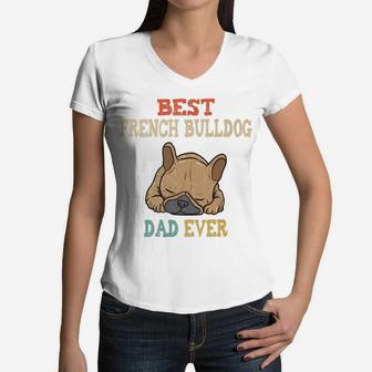 Vintage Best French Bulldog Dad Funny Women V-Neck T-Shirt - Seseable