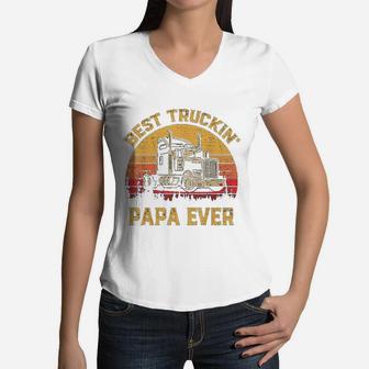Vintage Best Truckin Papa Ever Retro Fathers Day Gift Women V-Neck T-Shirt - Seseable