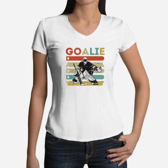 Vintage Ice Hockey Goalie Daddy Father Day Hockey Gifts Premium Women V-Neck T-Shirt - Seseable