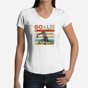 Vintage Ice Hockey Goalie Daddy Fathers Day Hockey Gifts Premium Women V-Neck T-Shirt - Seseable