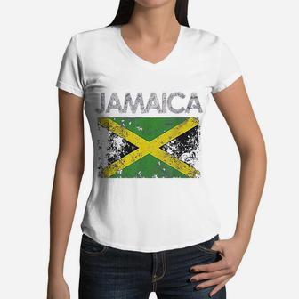 Vintage Jamaica Jamaican Flag Pride Gift Women V-Neck T-Shirt - Seseable