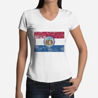 Vintage Missouri Flag Women V-Neck T-Shirt - Seseable