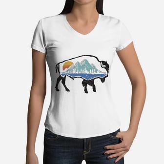 Vintage National Park Bison Landscape Buffalo Art Women V-Neck T-Shirt - Seseable