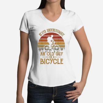Vintage Never Underestimate An Old Guy On A Bicycle Cycling Women V-Neck T-Shirt - Seseable