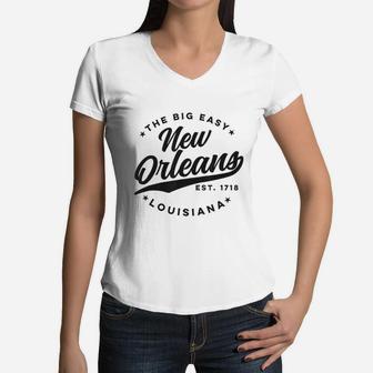 Vintage New Orleans Louisiana The Big Easy Black Text Women V-Neck T-Shirt - Seseable