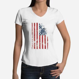 Vintage Old Glory Us American Flag Women V-Neck T-Shirt - Seseable