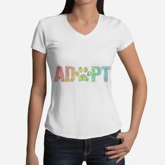 Vintage Rainbow Adopt A Dog Rescue Foster Adoption Month Women V-Neck T-Shirt - Seseable