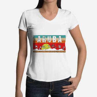 Vintage Relaxing Tropical Aruba Distressed Sandy Sunset Gift Women V-Neck T-Shirt - Seseable