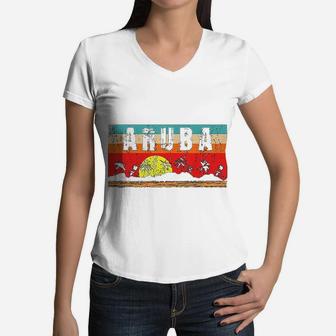 Vintage Relaxing Tropical Aruba Sandy Sunset Gift Women V-Neck T-Shirt - Seseable
