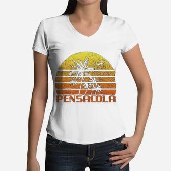 Vintage Retro Beach Vacation Pensacola Fl Sunset Women V-Neck T-Shirt - Seseable
