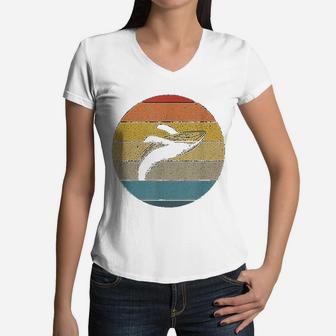 Vintage Retro Sunset Ocean Whale Women V-Neck T-Shirt - Seseable