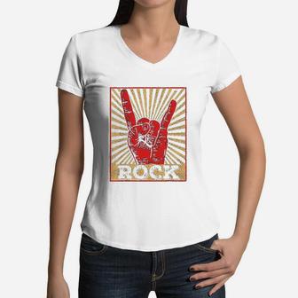 Vintage Rock N Roll Rock Women V-Neck T-Shirt - Seseable