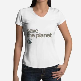 Vintage Save The Planet Save The Earth Distress Women V-Neck T-Shirt - Seseable