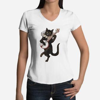 Vintage Silly Weird Cat Playing Banjo Country Cat Lover Women V-Neck T-Shirt - Seseable
